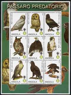 Angola 2000 Birds of Prey perf sheetlet containing set of 9 values each with Rotary & Scouts Logos, unmounted mint