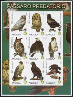 Angola 2000 Birds of Prey imperf sheetlet containing set of 9 values each with Rotary & Scouts Logos, unmounted mint, stamps on , stamps on  stamps on birds, stamps on  stamps on birds of prey, stamps on  stamps on eagles, stamps on  stamps on owls, stamps on  stamps on rotary, stamps on  stamps on scouts