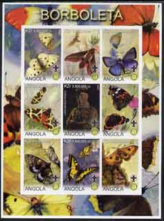 Angola 2000 Butterflies imperf sheetlet #01 containing set of 9 values each with Rotary & Scouts Logos, unmounted mint, stamps on butterflies, stamps on rotary, stamps on scouts
