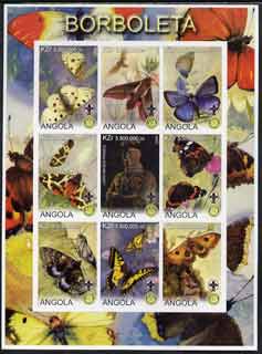 Angola 2000 Butterflies imperf sheetlet #01 containing set of 9 values each with Rotary & Scouts Logos, unmounted mint, stamps on , stamps on  stamps on butterflies, stamps on  stamps on rotary, stamps on  stamps on scouts