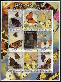 Angola 2000 Butterflies perf sheetlet #02 containing set of 9 values each with Rotary & Scouts Logos, unmounted mint, stamps on , stamps on  stamps on butterflies, stamps on  stamps on rotary, stamps on  stamps on scouts