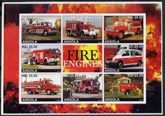 Angola 2002 Fire Engines imperf sheetlet containing set of 8 plus label unmounted mint, stamps on , stamps on  stamps on fire