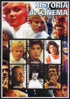 Angola 2002 History of the Cinema #02 large imperf sheetlet containing set of 6 values unmounted mint (Robert Redford, Al Pacino, John Travolta, Jack Nicholson, Robert De Niro & Clint Eastwood), stamps on cinema, stamps on films, stamps on entertainments, stamps on movies, stamps on personalities