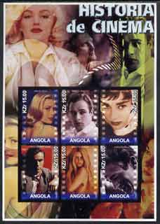 Angola 2002 History of the Cinema #04 large imperf sheetlet containing set of 6 values unmounted mint (Grace Kelly, Marlon Brando, Audrey Hepburn, Montgomery Clift, Brigitte Bardot & James Dean), stamps on , stamps on  stamps on cinema, stamps on  stamps on films, stamps on  stamps on entertainments, stamps on  stamps on movies, stamps on  stamps on personalities