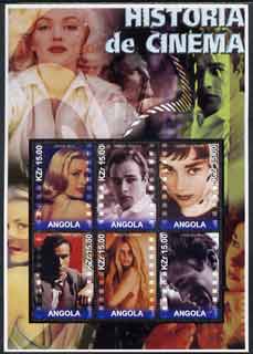 Angola 2002 History of the Cinema #04 large perf sheetlet containing set of 6 values unmounted mint (Grace Kelly, Marlon Brando, Audrey Hepburn, Montgomery Clift, Brigitte Bardot & James Dean), stamps on , stamps on  stamps on cinema, stamps on  stamps on films, stamps on  stamps on entertainments, stamps on  stamps on movies, stamps on  stamps on personalities