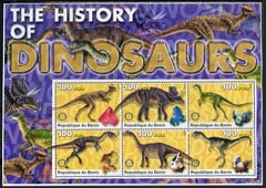 Benin 2003 Dinosaurs #04 large perf sheetlet containing set of 6 values each with Rotary Logo and a mineral, unmounted mint, stamps on dinosaurs, stamps on rotary, stamps on minerals