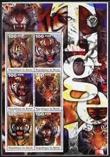Benin 2003 Tigers large perf sheetlet containing set of 6 values unmounted mint, stamps on cats, stamps on tigers
