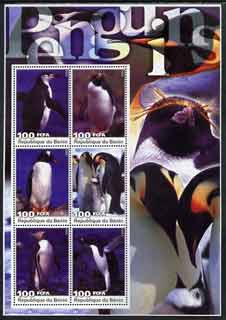 Benin 2003 Penguins large perf sheetlet containing set of 6 values unmounted mint, stamps on birds, stamps on penguins, stamps on polar