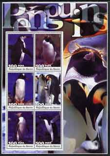 Benin 2003 Penguins large perf sheetlet containing set of 6 values unmounted mint, stamps on , stamps on  stamps on birds, stamps on  stamps on penguins, stamps on  stamps on polar