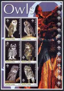 Benin 2003 Owls large perf sheetlet containing set of 6 values each with Scout Logo, unmounted mint, stamps on , stamps on  stamps on birds, stamps on  stamps on birds of prey, stamps on  stamps on owls, stamps on  stamps on scouts