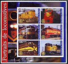 Benin 2002 Portraits of Locomotives imperf sheetlet containing set of 6 values each with Rotary Logo unmounted mint, stamps on , stamps on  stamps on railways, stamps on  stamps on rotary