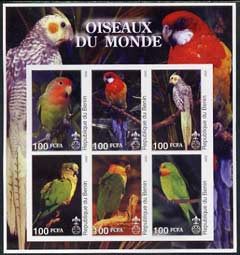 Benin 2002 Parrots imperf sheetlet containing set of 6 values each with Scout Logo unmounted mint, stamps on , stamps on  stamps on birds, stamps on  stamps on parrots, stamps on  stamps on scouts