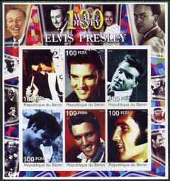 Benin 2002 Birth Centenary of Walt Disney imperf sheetlet containing 6 values showing Elvis (with Disney in borders) unmounted mint, stamps on , stamps on  stamps on elvis, stamps on  stamps on music, stamps on  stamps on entertainments, stamps on  stamps on films, stamps on  stamps on disney, stamps on  stamps on cinema