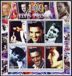 Benin 2002 Birth Centenary of Walt Disney perf sheetlet containing 6 values showing Elvis (with Disney in borders) unmounted mint, stamps on , stamps on  stamps on elvis, stamps on  stamps on music, stamps on  stamps on entertainments, stamps on  stamps on films, stamps on  stamps on disney, stamps on  stamps on cinema