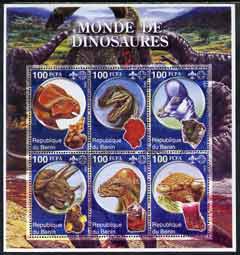 Benin 2002 World of Dinosaurs (& Minerals) perf sheetlet containing set of 6 values each with Scout Logo unmounted mint, stamps on , stamps on  stamps on dinosaurs, stamps on  stamps on minerals, stamps on  stamps on scouts