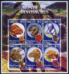 Benin 2002 World of Dinosaurs (& Minerals) imperf sheetlet containing set of 6 values each with Scout Logo unmounted mint, stamps on dinosaurs, stamps on minerals, stamps on scouts