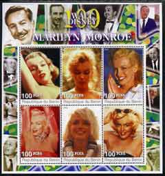 Benin 2002 Birth Centenary of Walt Disney featuring Marilyn Monroe perf sheetlet containing set of 6 values unmounted mint, stamps on films, stamps on cinema, stamps on entertainments, stamps on disney, stamps on marilyn monroe