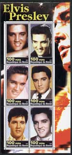 Benin 2003 Elvis Presley #03 perf sheetlet containing set of 6 values unmounted mint, stamps on , stamps on  stamps on personalities, stamps on  stamps on elvis, stamps on  stamps on music, stamps on  stamps on films, stamps on  stamps on entertainments, stamps on  stamps on pops, stamps on  stamps on 