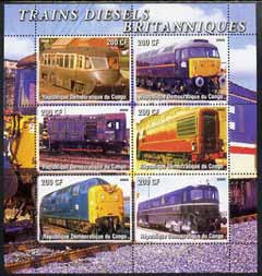 Congo 2005 British Diesel Trains perf sheetlet containing set of 6 unmounted mint, stamps on , stamps on  stamps on railways