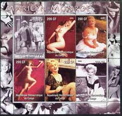 Congo 2005 Marilyn Monroe perf sheetlet containing set of 6 unmounted mint, stamps on , stamps on  stamps on films, stamps on  stamps on cinema, stamps on  stamps on entertainments, stamps on  stamps on women, stamps on  stamps on personalities, stamps on  stamps on marilyn, stamps on  stamps on monroe, stamps on  stamps on nudes