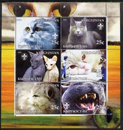 Kyrgyzstan 2005 Domestic Cats perf sheetlet containing set of 6, each with Scout unmounted mint, stamps on , stamps on  stamps on cats, stamps on  stamps on scouts