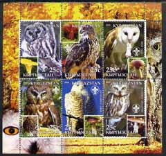 Kyrgyzstan 2005 Owls & Fungi perf sheetlet containing set of 6, each with Scout Logo, unmounted mint, stamps on , stamps on  stamps on birds, stamps on  stamps on owls, stamps on  stamps on birds of prey, stamps on  stamps on fungi, stamps on  stamps on scouts