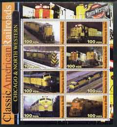 Benin 2003 Classic American Railroads #01 - Chicago & North Western, perf sheetlet containing set of 8 values unmounted mint, stamps on , stamps on  stamps on railways