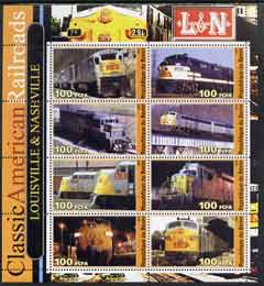 Benin 2003 Classic American Railroads #03 - Louisville & Nashville, perf sheetlet containing set of 8 values unmounted mint, stamps on , stamps on  stamps on railways