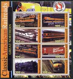 Benin 2003 Classic American Railroads #04 - Great Northern, perf sheetlet containing set of 8 values unmounted mint, stamps on , stamps on  stamps on railways