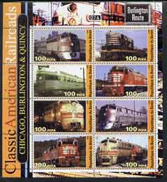 Benin 2003 Classic American Railroads #06 - Chicago, Burlington & Quincy, perf sheetlet containing set of 8 values unmounted mint, stamps on , stamps on  stamps on railways