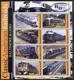 Benin 2003 Classic American Railroads #07 - Baltimore & Ohio, perf sheetlet containing set of 8 values unmounted mint, stamps on , stamps on  stamps on railways