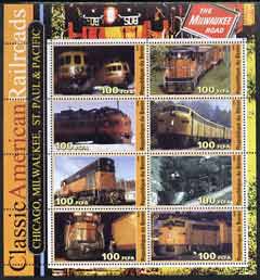 Benin 2003 Classic American Railroads #08 - Chicago, Milwaukee, St Paul & Pacific, perf sheetlet containing set of 8 values unmounted mint, stamps on railways