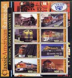 Benin 2003 Classic American Railroads #09 - Atchison, Topeka & Santa Fe, perf sheetlet containing set of 8 values unmounted mint, stamps on , stamps on  stamps on railways