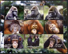 Chad 2004 Apes perf sheetlet containing 9 values fine cto used, stamps on animals, stamps on apes