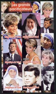 Chad 2003 Peacemakers (Diana, Mother Teresa & JFK) imperf sheetlet containing 6 values unmounted mint, stamps on , stamps on  stamps on personalities, stamps on  stamps on constitutioins, stamps on  stamps on diana, stamps on  stamps on teresa, stamps on  stamps on kennedy, stamps on  stamps on nobel