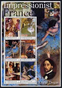 Uzbekistan 2001 Impressionist France - Edgar Degas large perf sheetlet containing 6 values unmounted mint, stamps on , stamps on  stamps on arts, stamps on  stamps on degas, stamps on  stamps on dance, stamps on  stamps on dancing