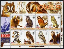 Iraqi Kurdistan Region 2005 Owls large perf sheetlet containing 8 values each with Scout Logo & 100th Anniversary imprint in margin, unmounted mint , stamps on , stamps on  stamps on birds, stamps on  stamps on birds of prey, stamps on  stamps on owls, stamps on  stamps on scouts