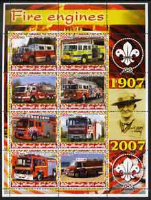 Iraqi Kurdistan Region 2005 Fire Engines #2 large perf sheetlet containing 8 values with Baden Powell & Scout Logo in margin, unmounted mint , stamps on , stamps on  stamps on fire, stamps on  stamps on scouts, stamps on  stamps on 