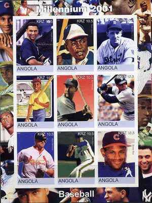 Angola 2001 Millennium series - Baseball Stars imperf sheetlet of 9 values unmounted mint, stamps on , stamps on  stamps on personalities, stamps on  stamps on millennium, stamps on  stamps on sport, stamps on  stamps on baseball