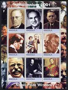 Angola 2001 Millennium series - Nobel Prizewinners #02 perf sheetlet of 9 values unmounted mint, stamps on personalities, stamps on millennium, stamps on nobel, stamps on physics, stamps on medical, stamps on churchill, stamps on peace, stamps on 