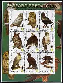 Angola 2000 Birds of Prey perf sheetlet containing set of 9 values each with Rotary & Scouts Logos, fine cto used, stamps on birds, stamps on birds of prey, stamps on eagles, stamps on owls, stamps on rotary, stamps on scouts