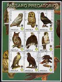 Angola 2000 Birds of Prey perf sheetlet containing set of 9 values each with Rotary & Scouts Logos, fine cto used