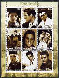 Benin 2002 Elvis Presley perf sheet containing set of 9 values unmounted mint, stamps on , stamps on  stamps on personalities, stamps on  stamps on elvis, stamps on  stamps on music, stamps on  stamps on films, stamps on  stamps on entertainments, stamps on  stamps on pops