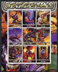 Congo 2002 Spiderman #1 perf sheetlet containing set of 9 values unmounted mint, stamps on , stamps on  stamps on entertainments, stamps on  stamps on films, stamps on  stamps on cinema, stamps on  stamps on comics, stamps on  stamps on fantasy, stamps on  stamps on sci-fi