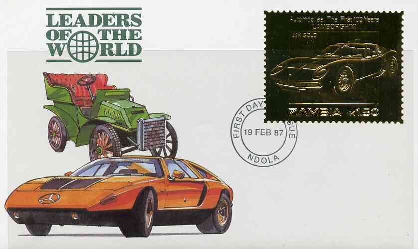 Zambia 1987 Classic Cars 1k50 Lamborghini in 22k gold foil on cover with first day of issue cancel, limited edition and very elusive