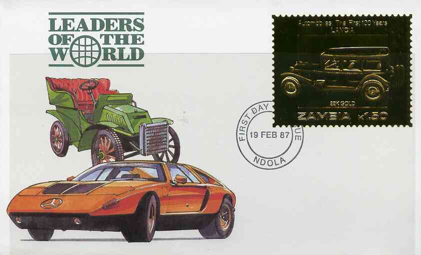 Zambia 1987 Classic Cars 1k50 Lancia in 22k gold foil on cover with first day of issue cancel, limited edition and very elusive