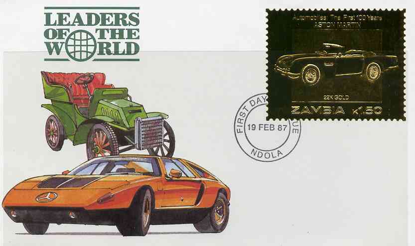 Zambia 1987 Classic Cars 1k50 Aston Martin in 22k gold foil on cover with first day of issue cancel, limited edition and very elusive, stamps on 