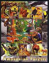 Kyrgyzstan 2004 Fauna of the World - Amazonian Forests perf sheetlet containing 6 values unmounted mint, stamps on animals, stamps on apes, stamps on birds, stamps on cats, stamps on snakes, stamps on reptiles, stamps on toucans, stamps on parrots, stamps on , stamps on snake, stamps on snakes, stamps on 