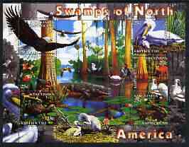 Kyrgyzstan 2004 Fauna of the World - Swamps of N America perf sheetlet containing 6 values unmounted mint, stamps on animals, stamps on eagles, stamps on birds, stamps on birds of prey, stamps on pelicans, stamps on alligators, stamps on swans, stamps on lilies