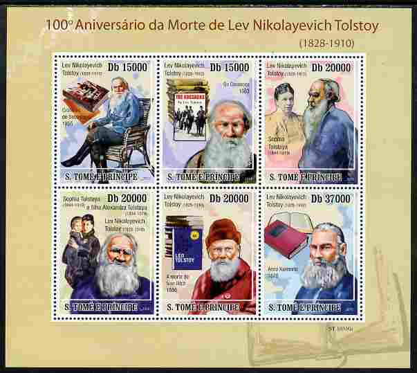 St Thomas & Prince Islands 2010 100th Anniversary of Death of Leo Tolstoy perf sheetlet containing 6 values unmounted mint , stamps on , stamps on  stamps on personalities, stamps on  stamps on literature